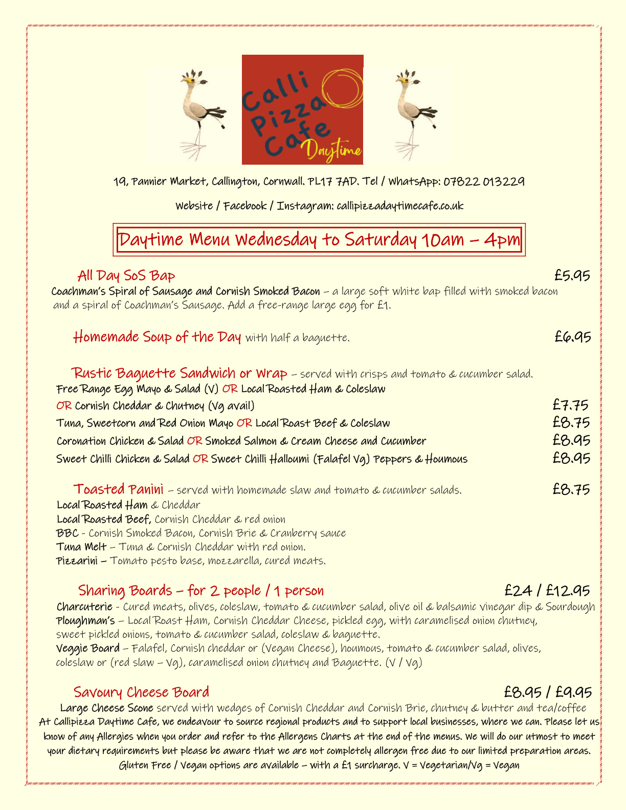 Daytime menu, soups, baguettes, paninis, wraps, sharing boards