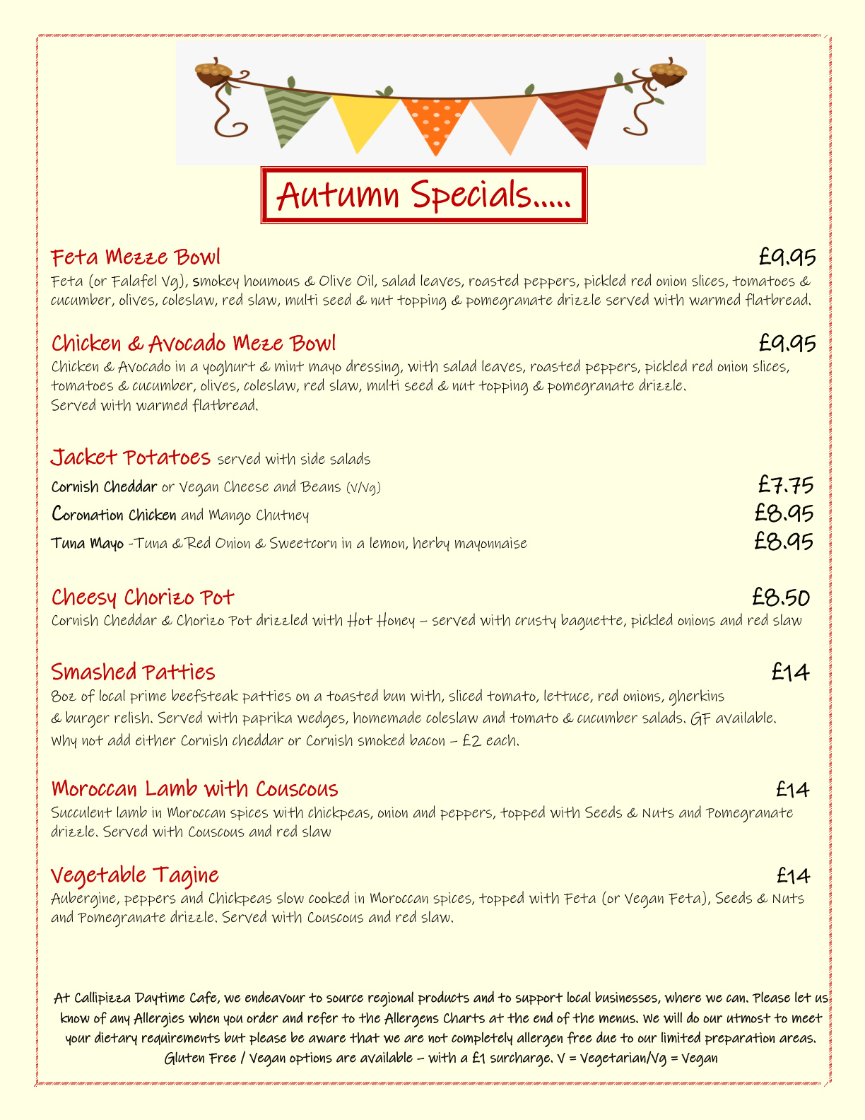 Mezze, Smash burgers, moroccan lamb, jacket potatoes