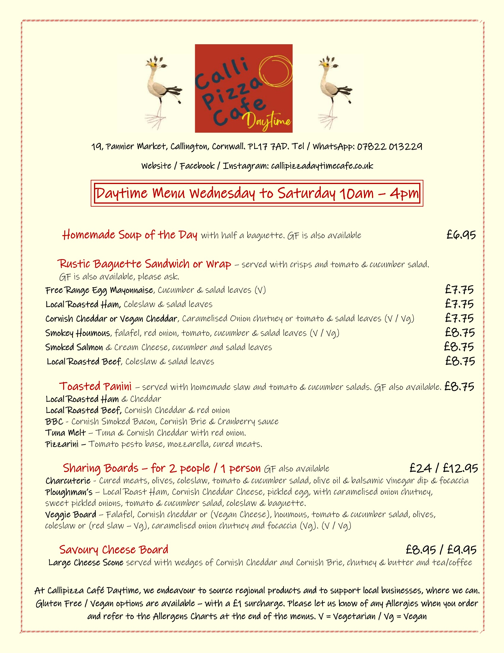 Daytime menu, soups, baguettes, paninis, focaccia sandwiches, sharing boards
