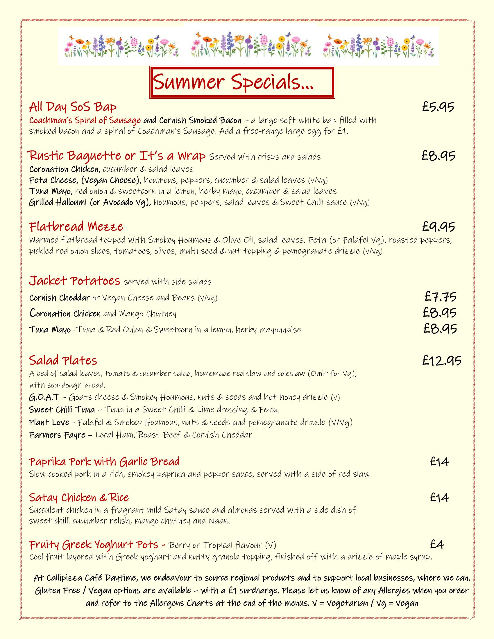 Breakfast baps, wraps, mezze, jacket potatoes