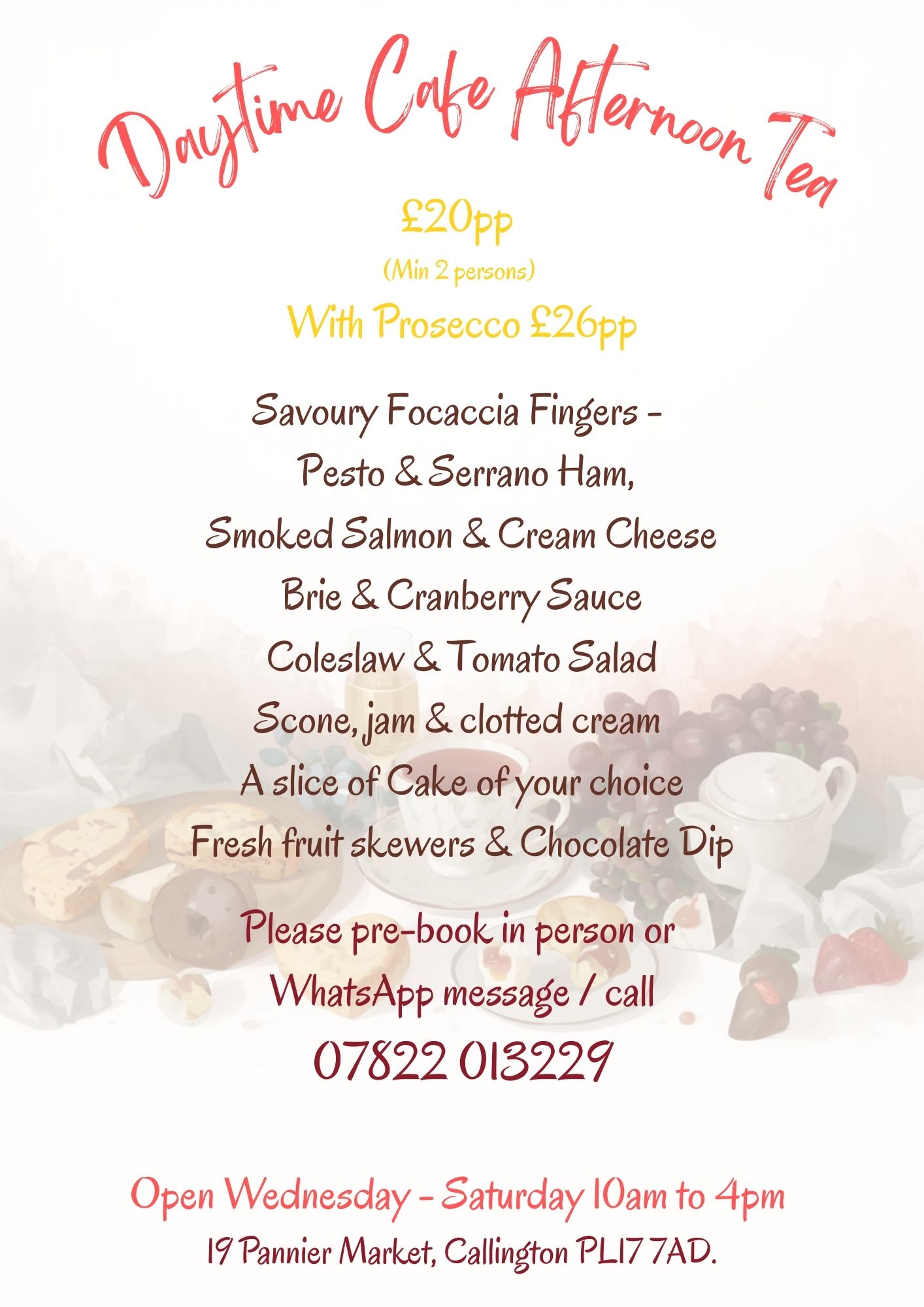 Afternoon Tea Special Offer - Focaccia fingers, cake, scones, fruit skewers and chocolate dip