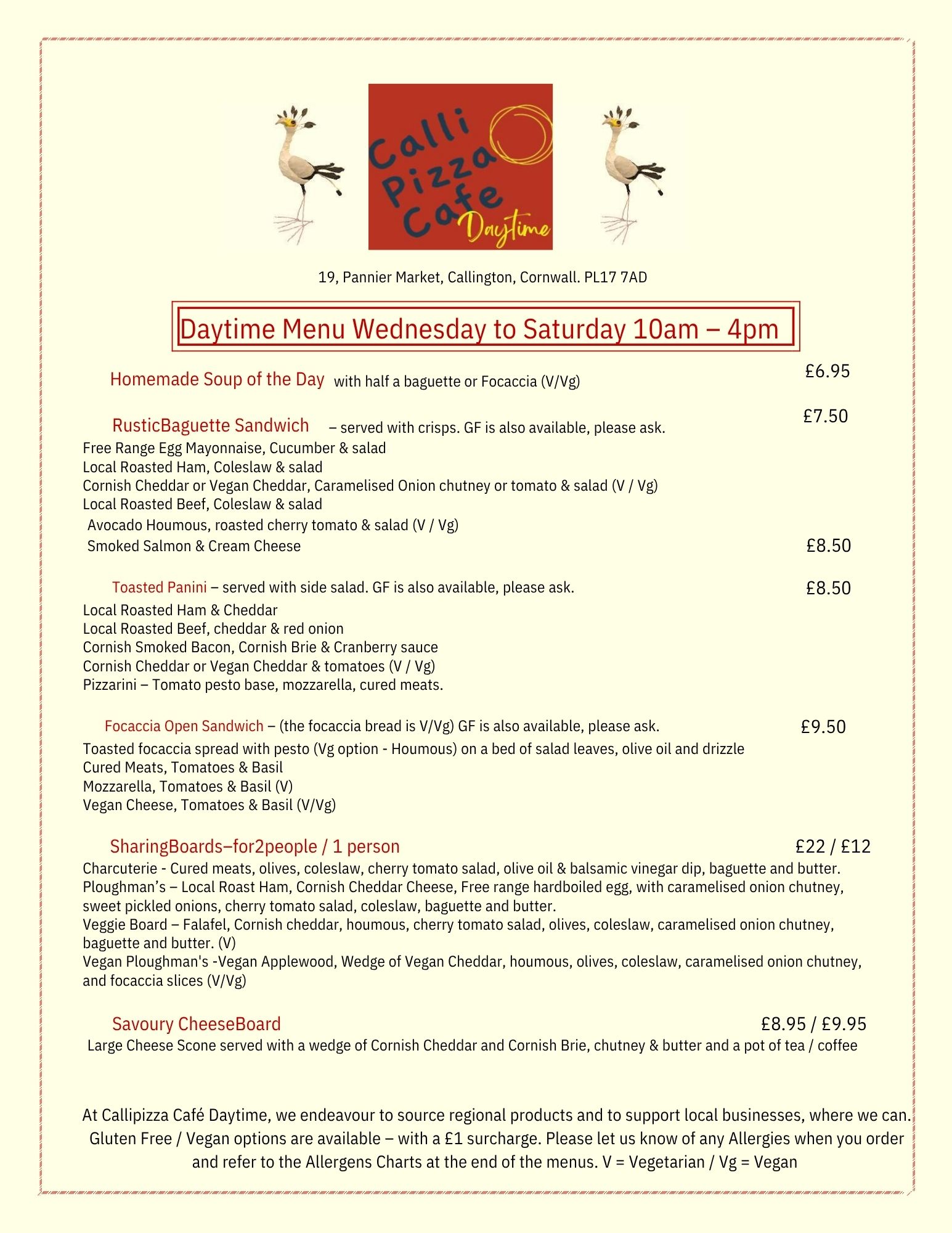 Daytime menu, soups, baguettes, paninis, focaccia sandwiches, sharing boards